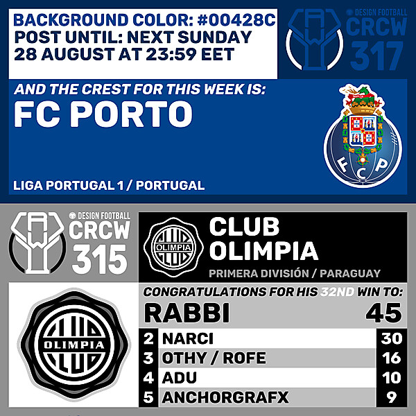 CRCW 315 - RESULTS PHASE - CLUB OLIMPIA  /  CRCW 317 - ENTRY PHASE - FC PORTO