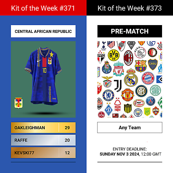 KOTW371 - RESULTS - CENTRAL AFRICAN REPUBLIC  | KOTW 373 - PRE-MATCH SHIRTS