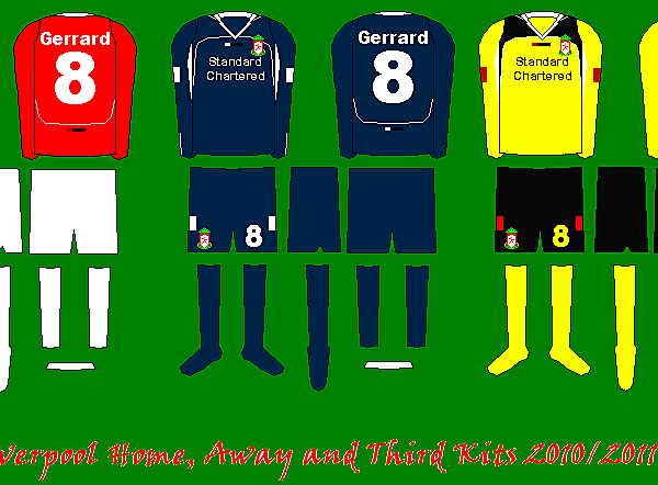 Liverpool Home, Away and Third Kits 2010/11 Lotto